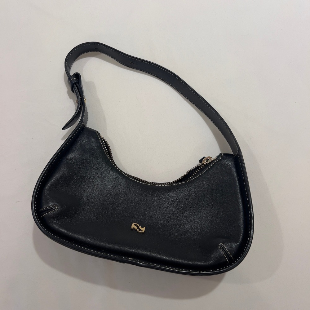 Yuzefi Black‎ Leather Crescent Shoulder Bag with White Topstitching Gold Logo